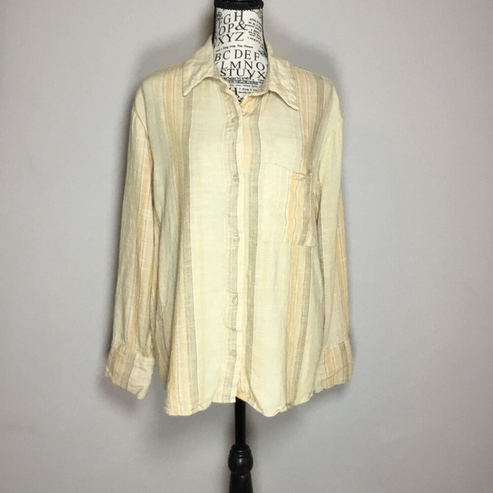 Button down linen blend shirt yellow tan white striped gauzy hippie coastal M